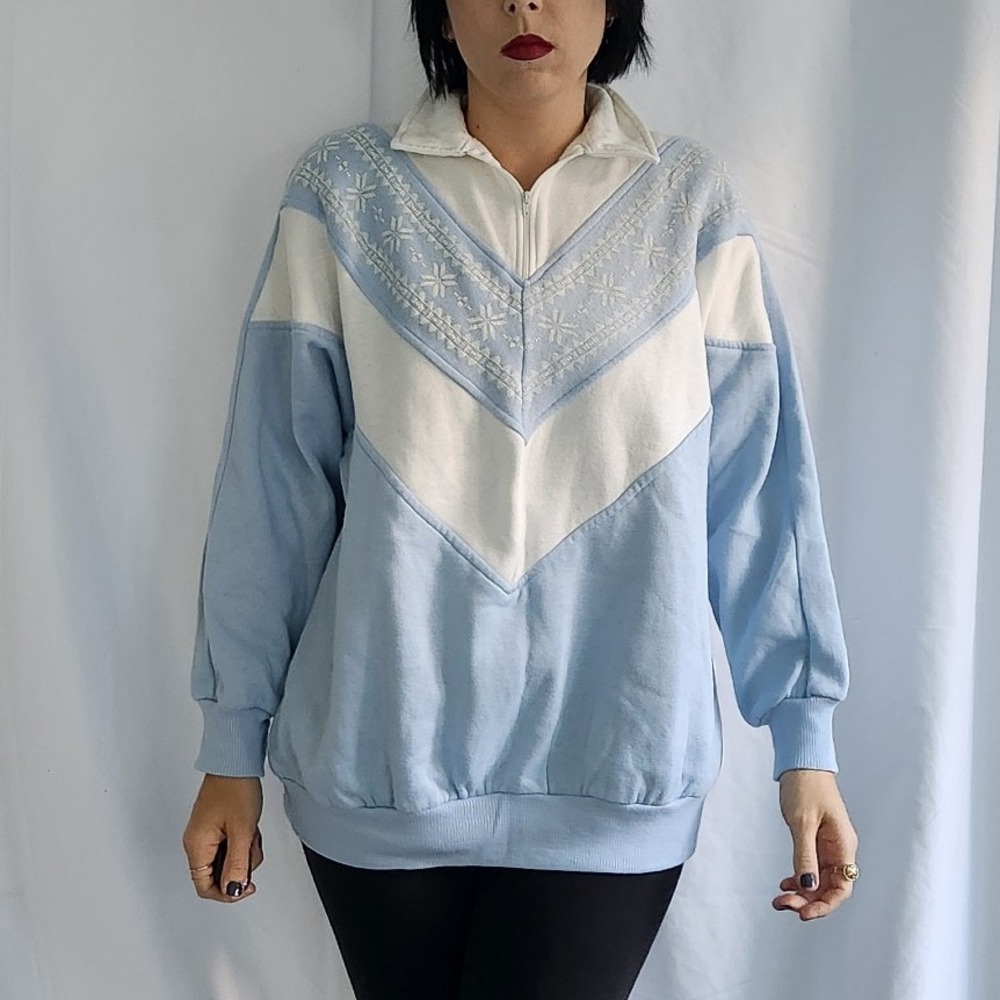 80s/90s Blue‎ and White Quarter Zip Sweatshirt